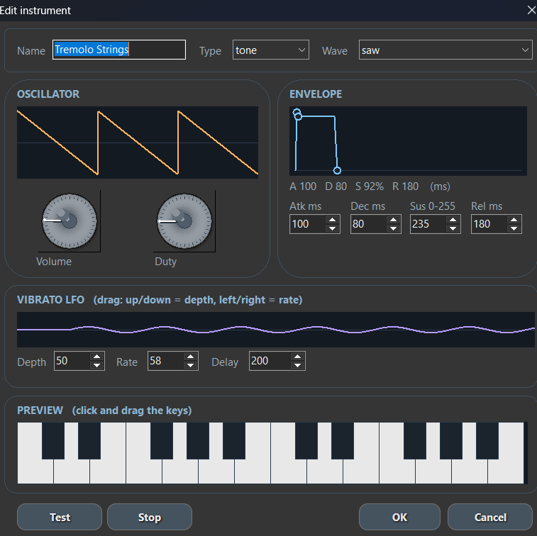 JARU IDE chiptune instrument editor with oscillator, ADSR envelope, vibrato LFO, and preview keyboard