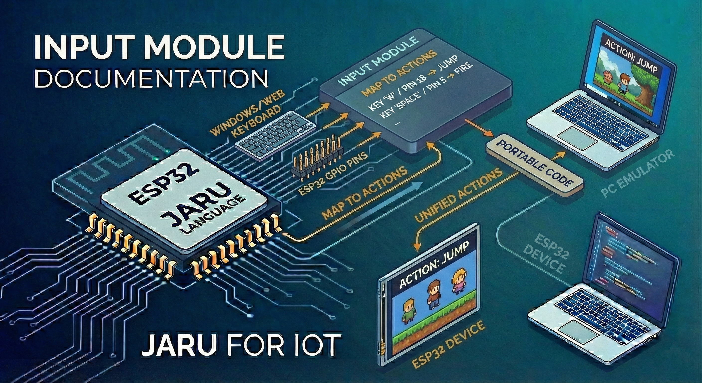 JARU Input module screenshot for mapping keyboard actions, buttons, and game controls