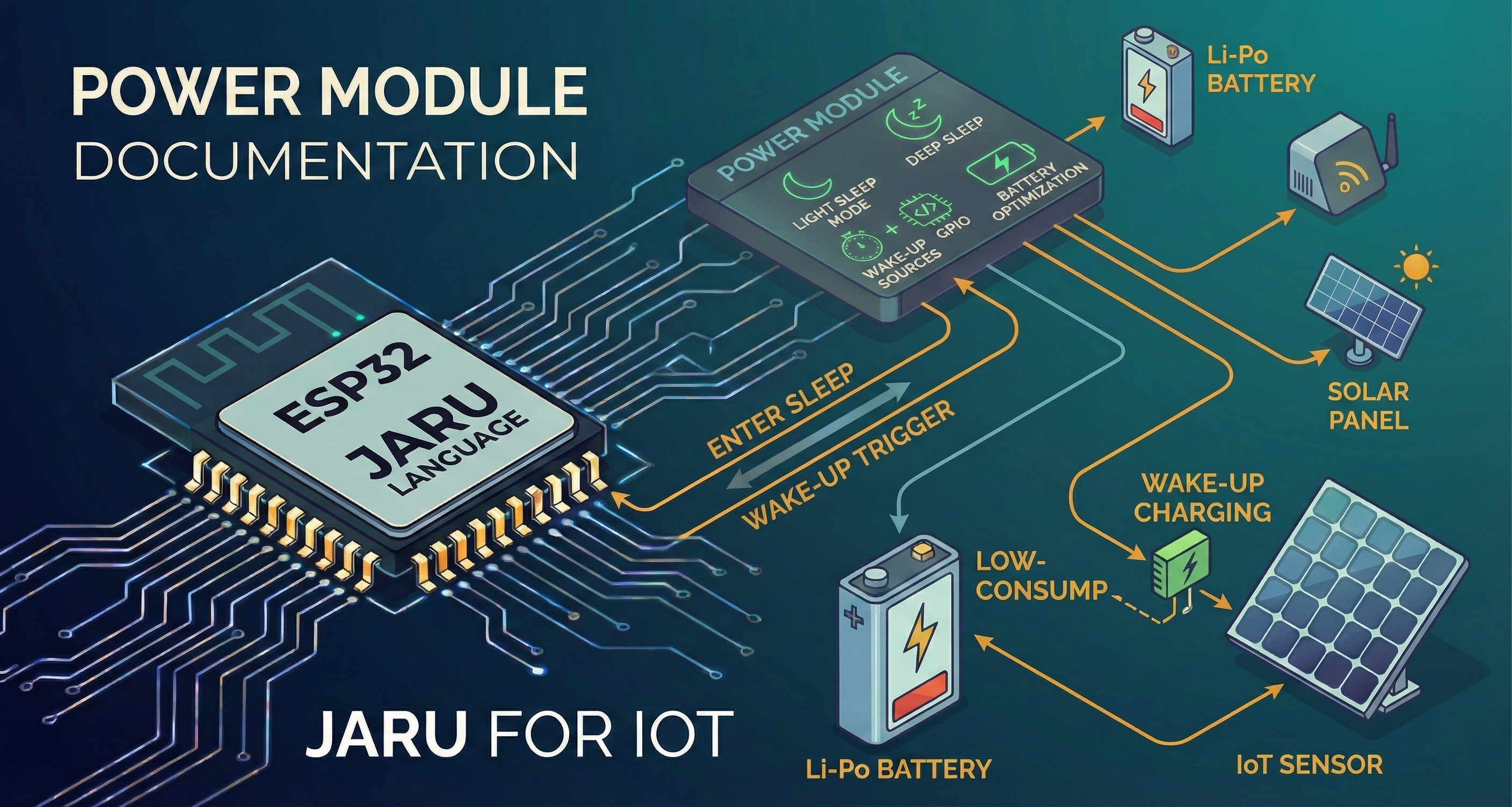 JARU Power module screenshot for managing power, deep sleep, and low-power ESP32 modes