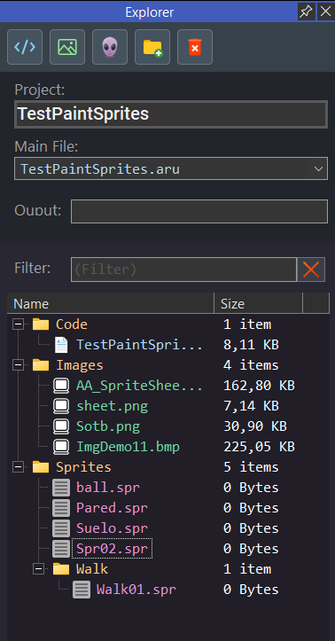JARU IDE project explorer showing the file tree, folders, and project toolbar
