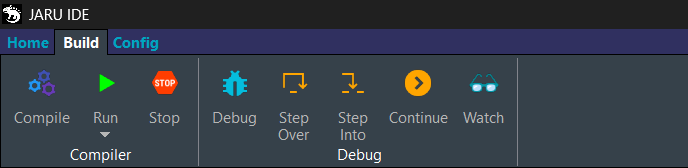 JARU IDE Build ribbon tab with compile, run, and debugging controls