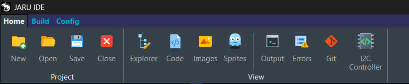 JARU IDE Home ribbon tab with project buttons and workspace panel controls