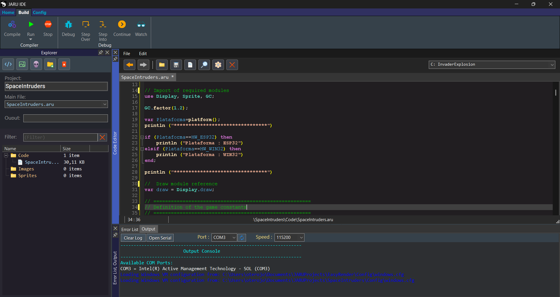 JARU IDE overview with code editor, project explorer, output console, and dockable panels